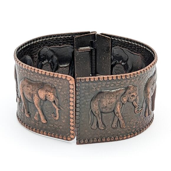 Vintage Copper Elephant Bangle Hinged Wide Bracelet Stamped Metal w Beaded Edge - Picture 6 of 9